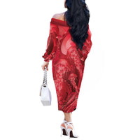 Red Gradient Polynesia Jellyfish Off The Shoulder Long Sleeve Dress Plumeria Polynesian Tattoo Glowing Vibes LT14 - Polynesian Pride