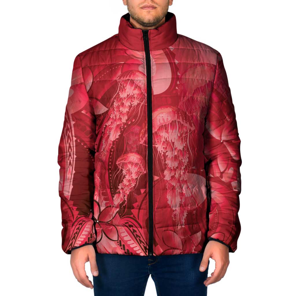 Red Gradient Polynesia Jellyfish Padded Jacket Plumeria Polynesian Tattoo Glowing Vibes LT14 Men Red - Polynesian Pride