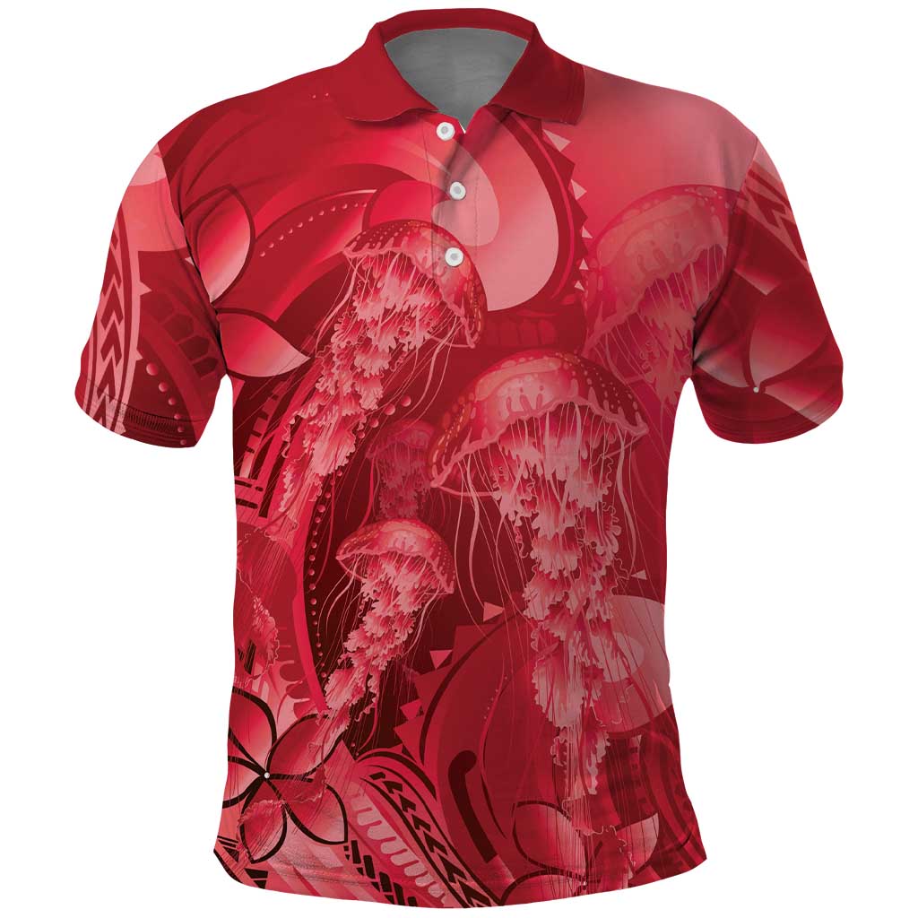 Red Gradient Polynesia Jellyfish Polo Shirt Plumeria Polynesian Tattoo Glowing Vibes LT14 Red - Polynesian Pride