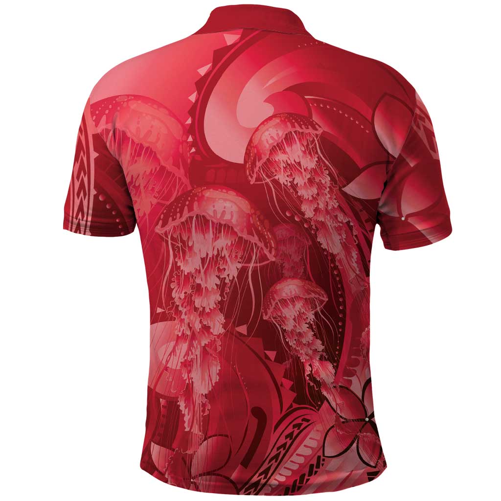 Red Gradient Polynesia Jellyfish Polo Shirt Plumeria Polynesian Tattoo Glowing Vibes LT14 - Polynesian Pride