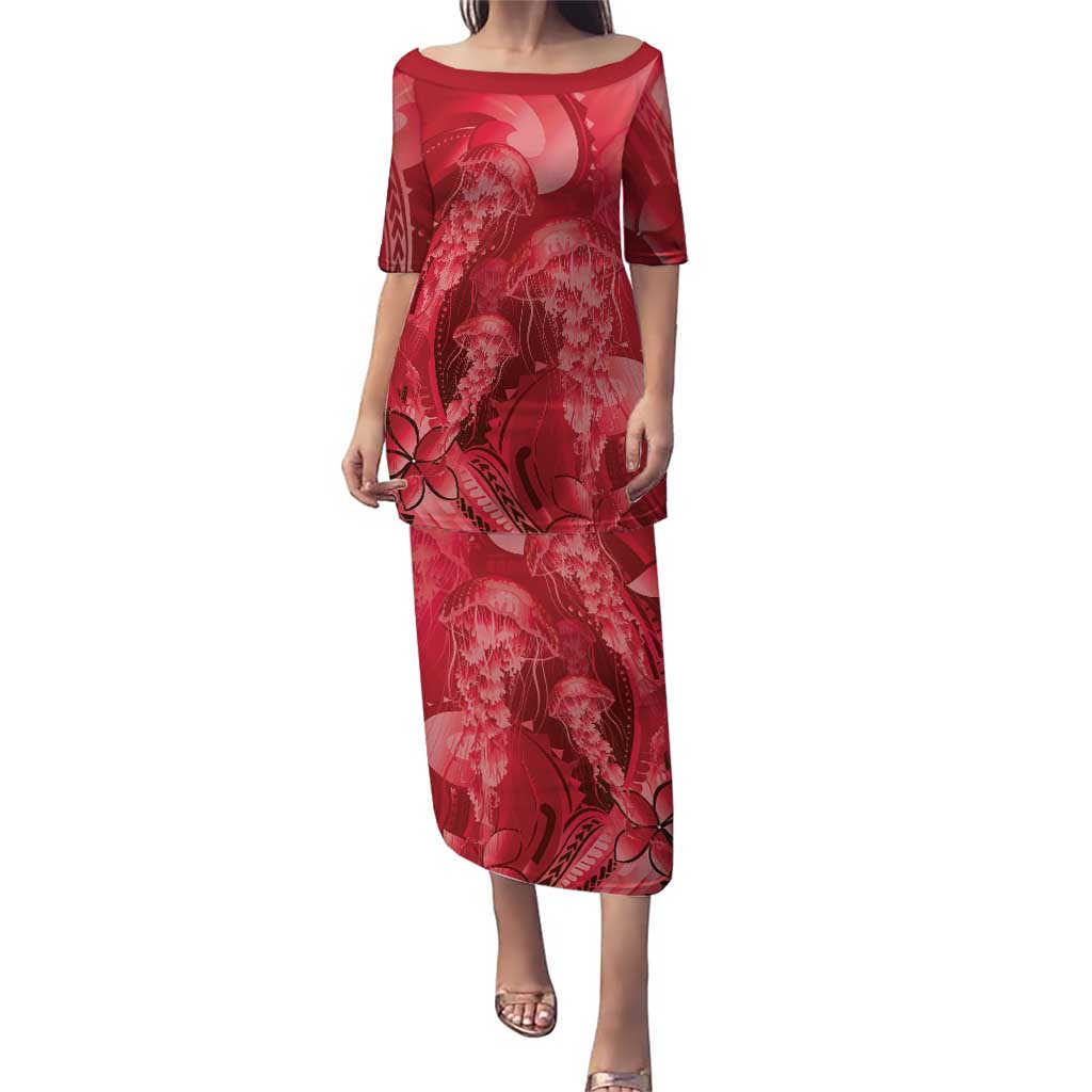 Red Gradient Polynesia Jellyfish Puletasi Plumeria Polynesian Tattoo Glowing Vibes LT14 Long Dress Red - Polynesian Pride
