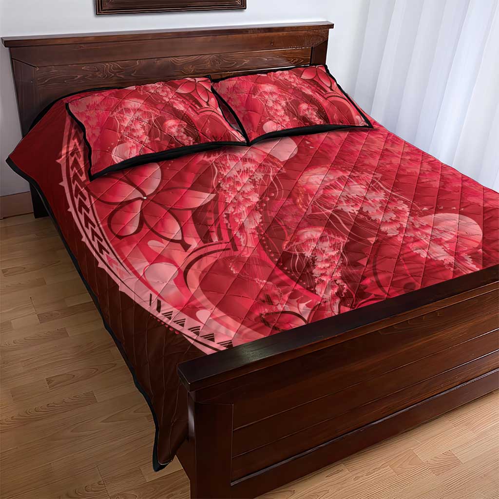 Red Gradient Polynesia Jellyfish Quilt Bed Set Plumeria Polynesian Tattoo Glowing Vibes LT14 - Polynesian Pride