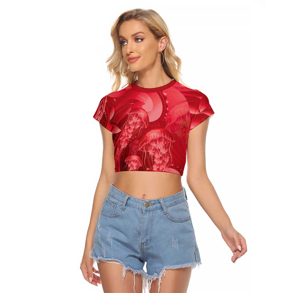 Red Gradient Polynesia Jellyfish Raglan Cropped T Shirt Plumeria Polynesian Tattoo Glowing Vibes