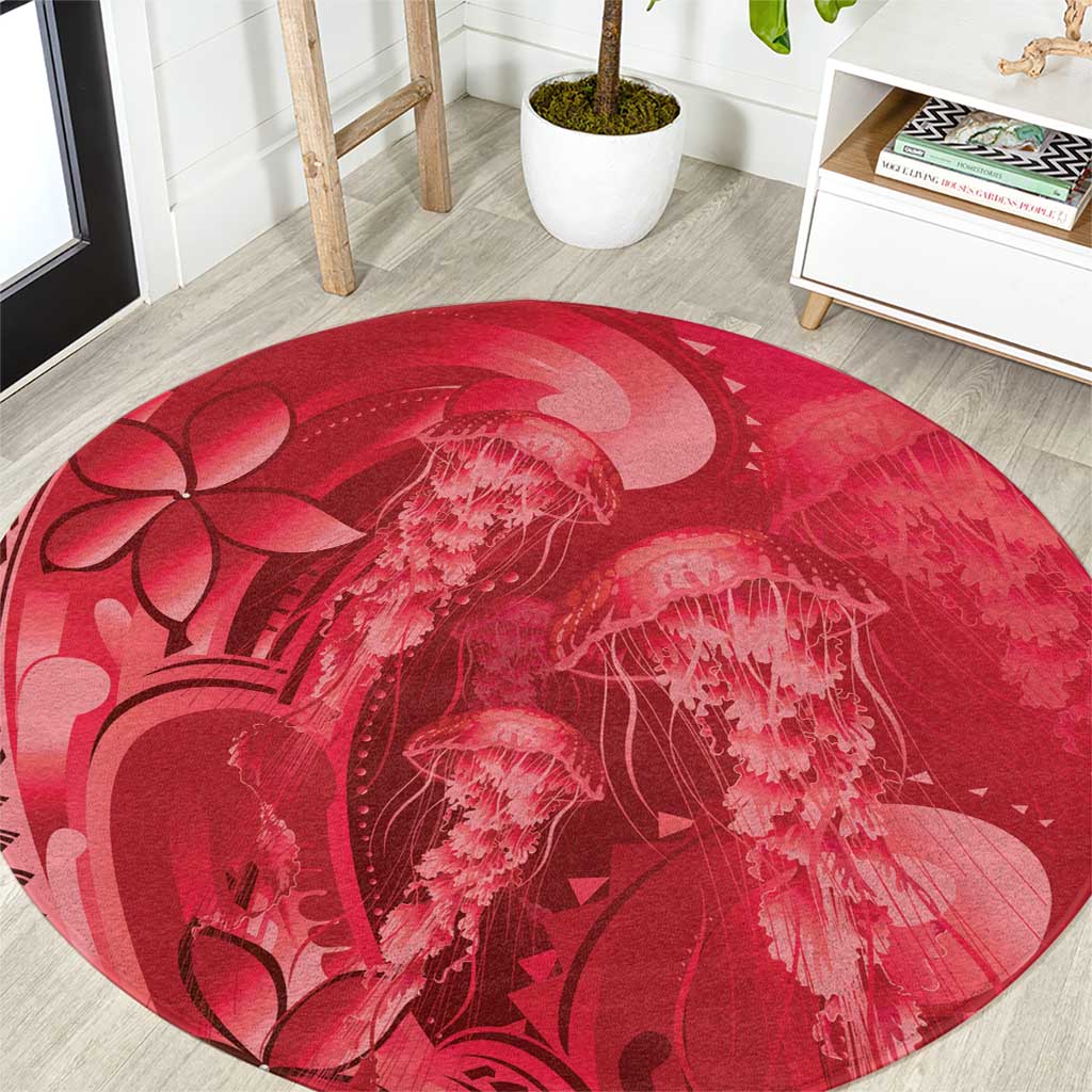Red Gradient Polynesia Jellyfish Round Carpet Plumeria Polynesian Tattoo Glowing Vibes LT14 Red - Polynesian Pride