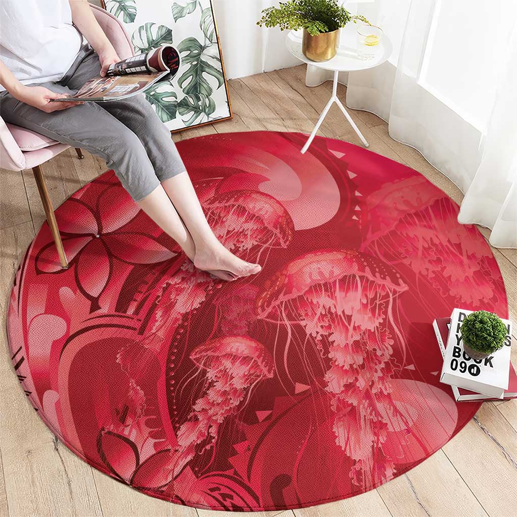 Red Gradient Polynesia Jellyfish Round Carpet Plumeria Polynesian Tattoo Glowing Vibes LT14 - Polynesian Pride