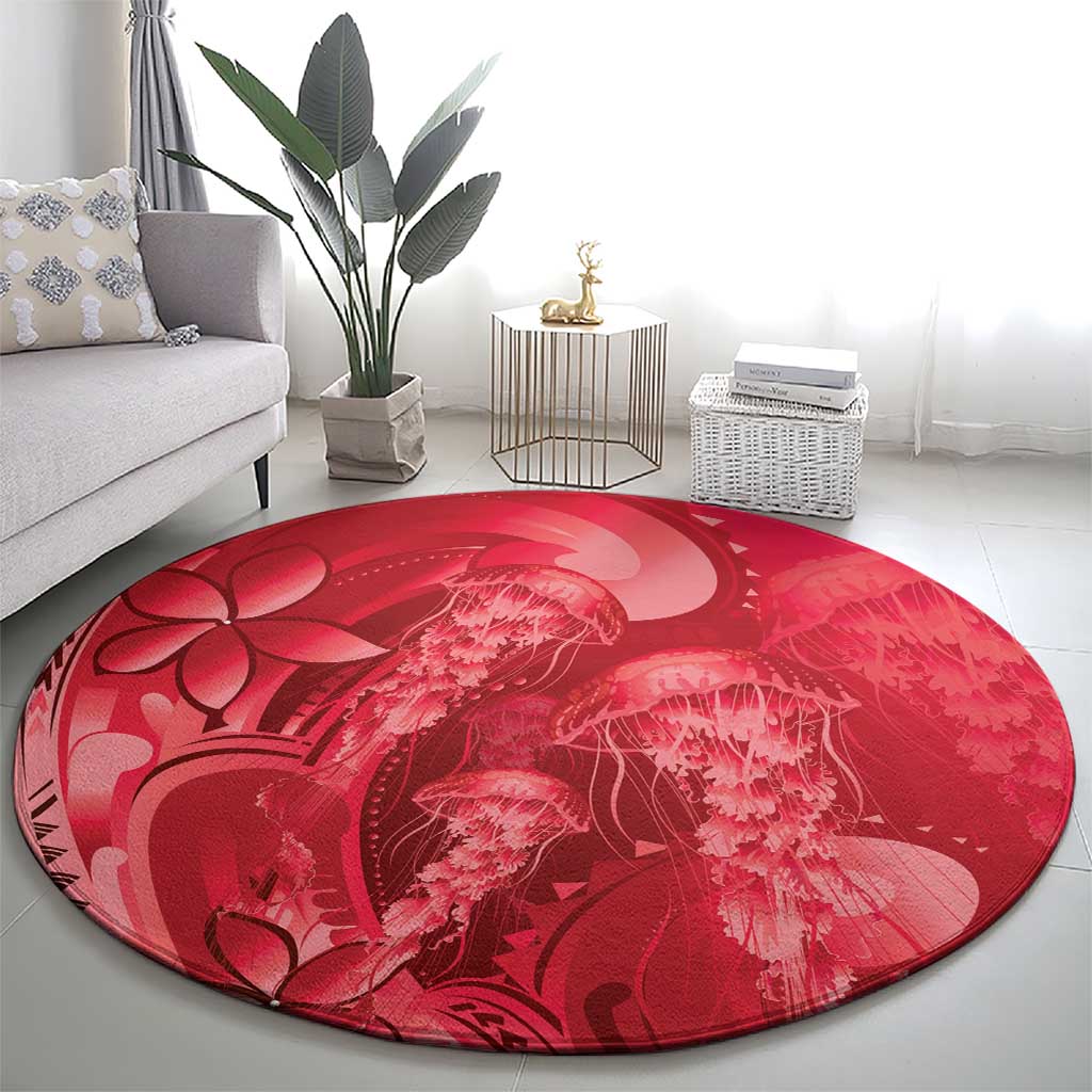 Red Gradient Polynesia Jellyfish Round Carpet Plumeria Polynesian Tattoo Glowing Vibes LT14 - Polynesian Pride