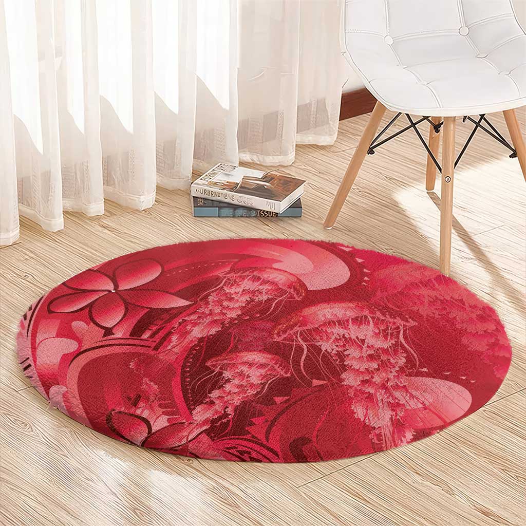 Red Gradient Polynesia Jellyfish Round Carpet Plumeria Polynesian Tattoo Glowing Vibes LT14 - Polynesian Pride