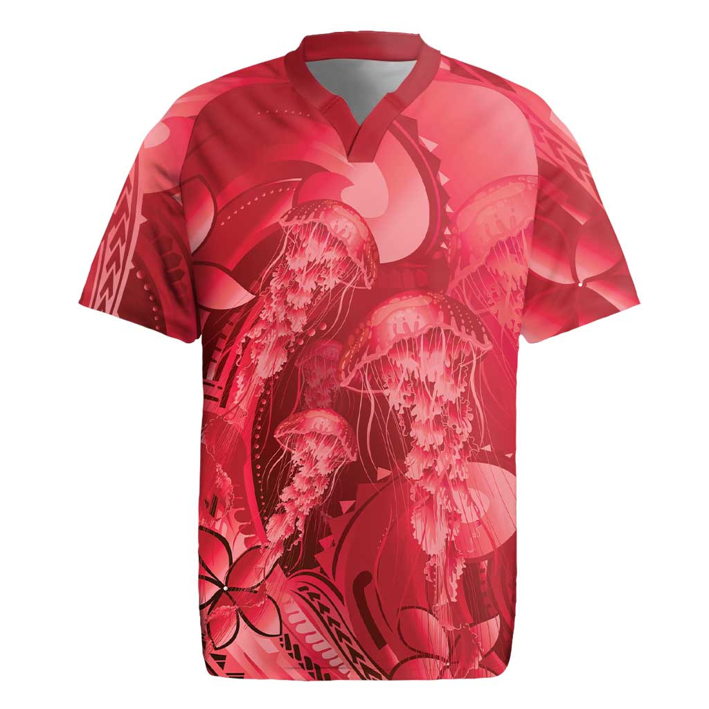 Red Gradient Polynesia Jellyfish Rugby Jersey Plumeria Polynesian Tattoo Glowing Vibes LT14 Red - Polynesian Pride