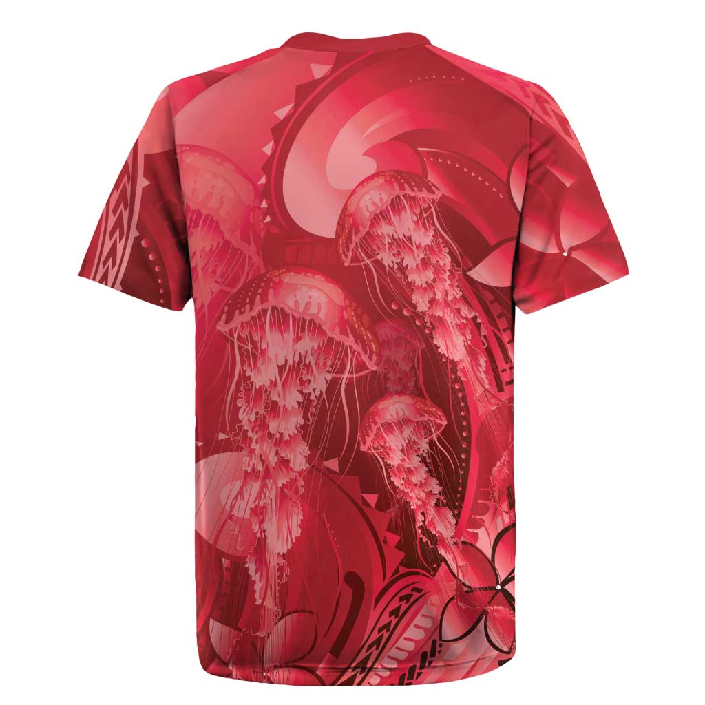 Red Gradient Polynesia Jellyfish Rugby Jersey Plumeria Polynesian Tattoo Glowing Vibes LT14 - Polynesian Pride
