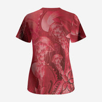 Red Gradient Polynesia Jellyfish Scrub Top Plumeria Polynesian Tattoo Glowing Vibes LT14 - Polynesian Pride