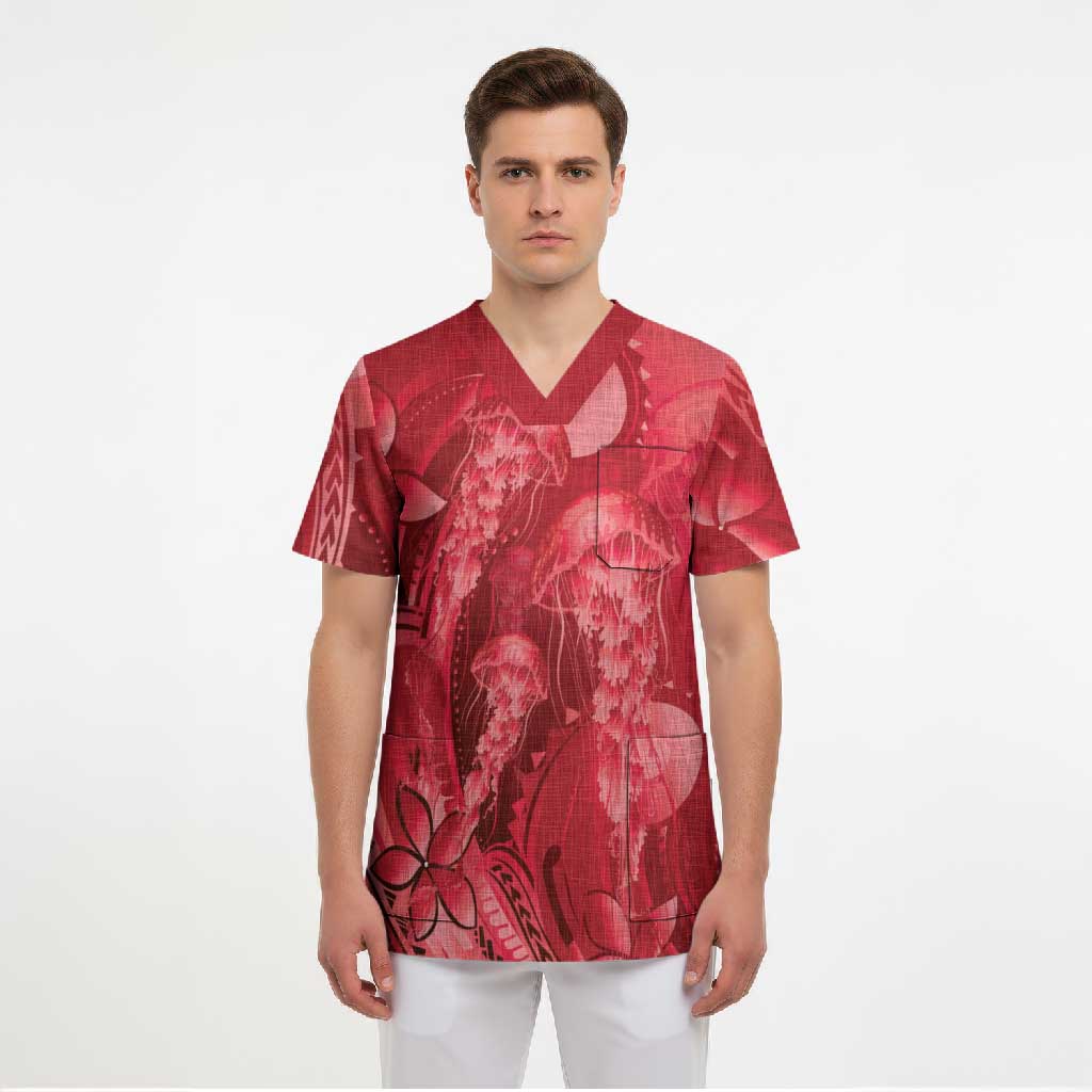 Red Gradient Polynesia Jellyfish Scrub Top Plumeria Polynesian Tattoo Glowing Vibes LT14 - Polynesian Pride