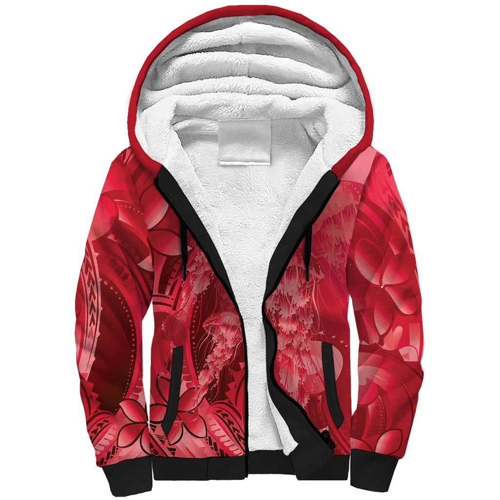 Red Gradient Polynesia Jellyfish Sherpa Hoodie Plumeria Polynesian Tattoo Glowing Vibes LT14 Unisex Red - Polynesian Pride