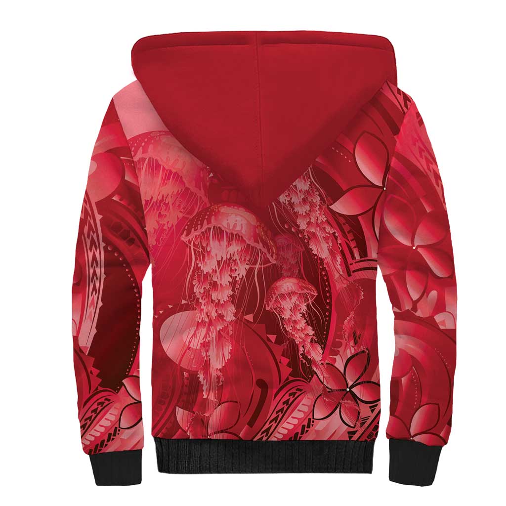Red Gradient Polynesia Jellyfish Sherpa Hoodie Plumeria Polynesian Tattoo Glowing Vibes LT14 - Polynesian Pride