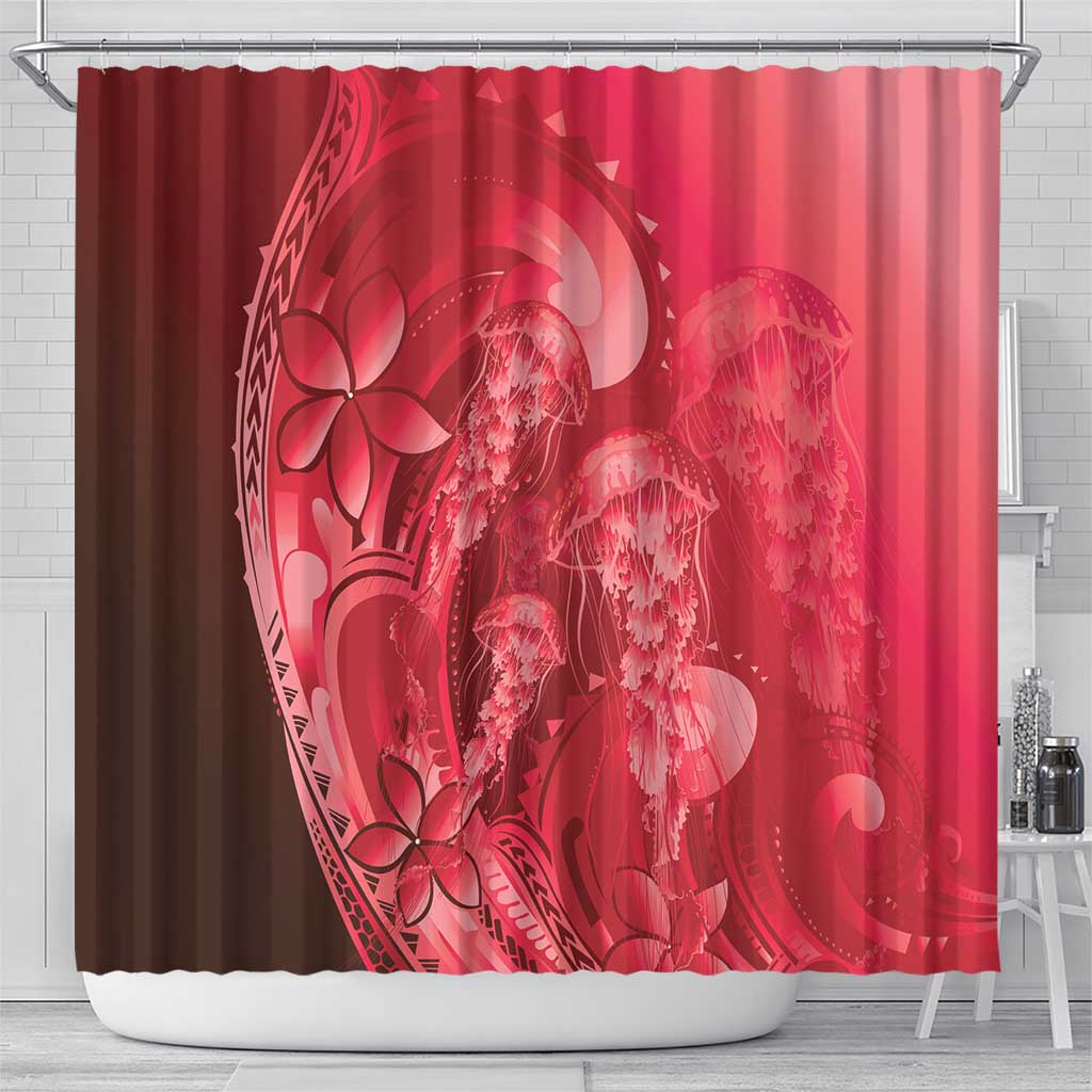 Red Gradient Polynesia Jellyfish Shower Curtain Plumeria Polynesian Tattoo Glowing Vibes LT14 - Polynesian Pride