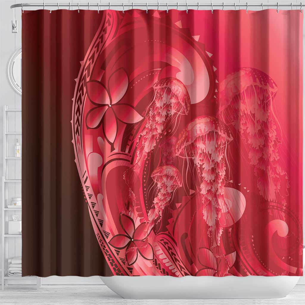 Red Gradient Polynesia Jellyfish Shower Curtain Plumeria Polynesian Tattoo Glowing Vibes LT14 - Polynesian Pride