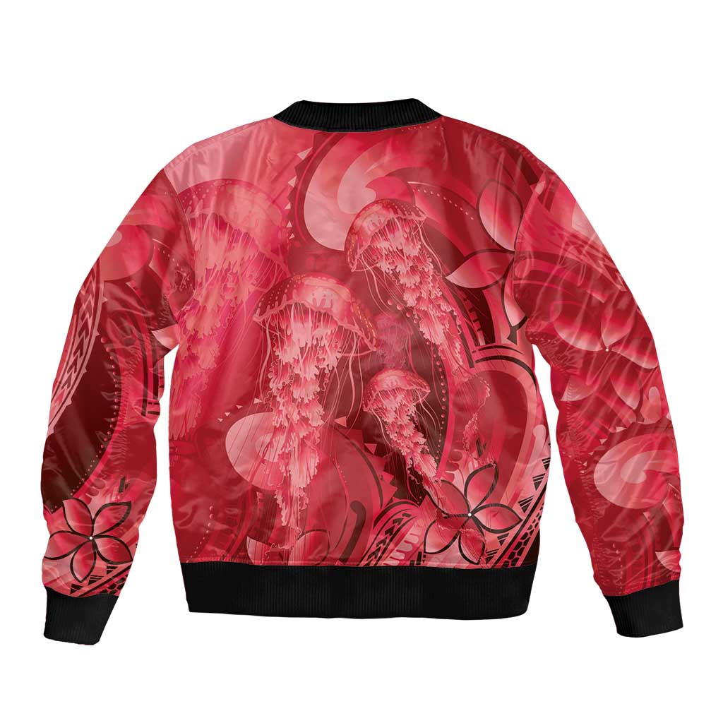 Red Gradient Polynesia Jellyfish Sleeve Zip Bomber Jacket Plumeria Polynesian Tattoo Glowing Vibes LT14 - Polynesian Pride
