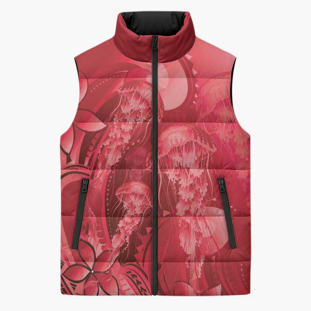Red Gradient Polynesia Jellyfish Sleeveless Puffer Jacket Plumeria Polynesian Tattoo Glowing Vibes LT14 Unisex Red - Polynesian Pride