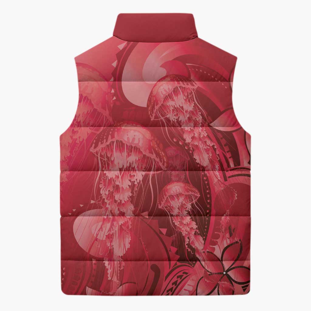 Red Gradient Polynesia Jellyfish Sleeveless Puffer Jacket Plumeria Polynesian Tattoo Glowing Vibes LT14 - Polynesian Pride