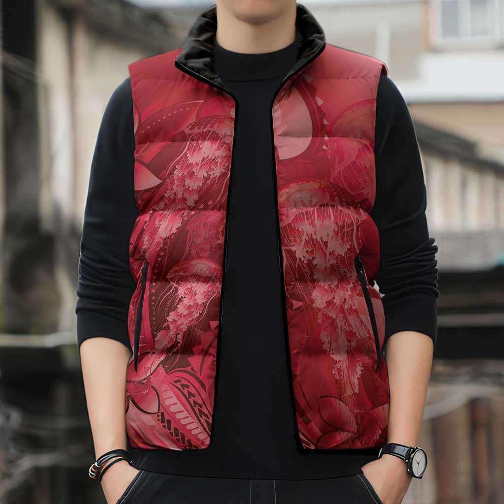Red Gradient Polynesia Jellyfish Sleeveless Puffer Jacket Plumeria Polynesian Tattoo Glowing Vibes LT14 - Polynesian Pride