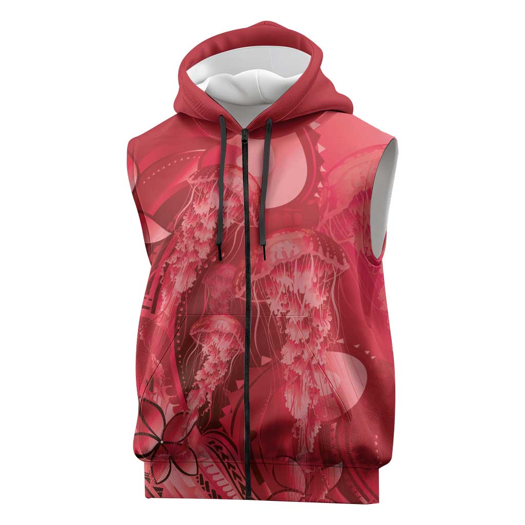Red Gradient Polynesia Jellyfish Sleeveless Zip Hoodie Plumeria Polynesian Tattoo Glowing Vibes LT14 Red - Polynesian Pride