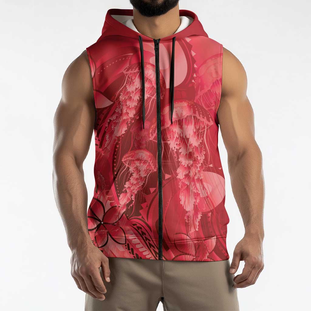 Red Gradient Polynesia Jellyfish Sleeveless Zip Hoodie Plumeria Polynesian Tattoo Glowing Vibes LT14 - Polynesian Pride