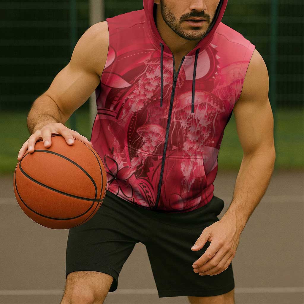 Red Gradient Polynesia Jellyfish Sleeveless Zip Hoodie Plumeria Polynesian Tattoo Glowing Vibes LT14 - Polynesian Pride