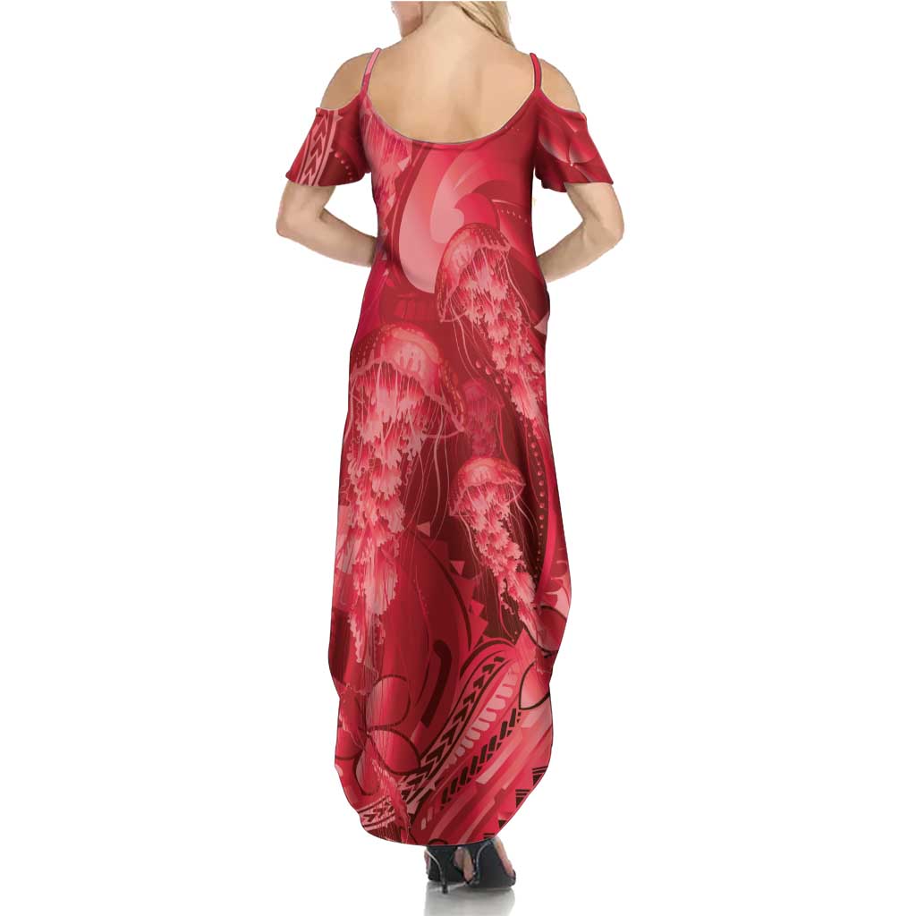 Red Gradient Polynesia Jellyfish Summer Maxi Dress Plumeria Polynesian Tattoo Glowing Vibes LT14 - Polynesian Pride