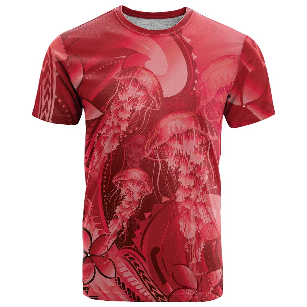 Red Gradient Polynesia Jellyfish T Shirt Plumeria Polynesian Tattoo Glowing Vibes LT14 Red - Polynesian Pride