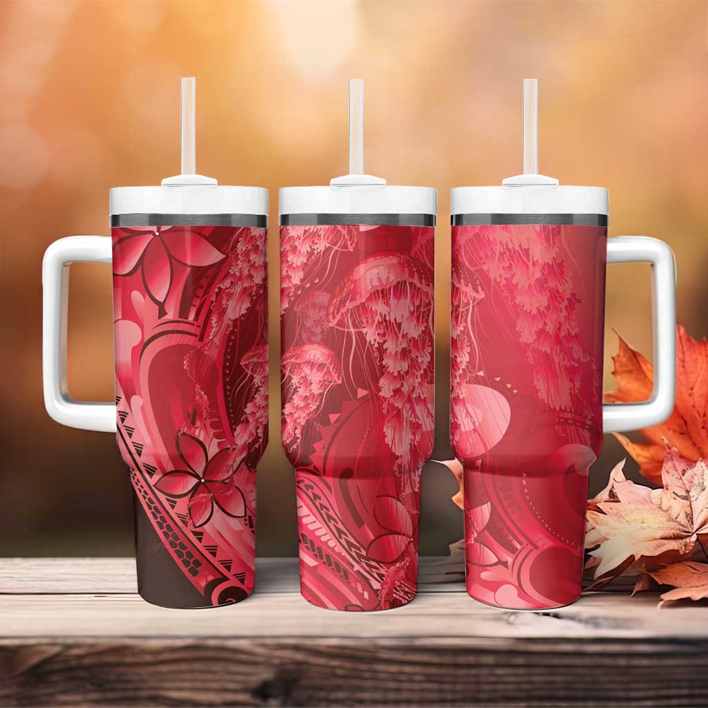 Red Gradient Polynesia Jellyfish Tumbler With Handle Plumeria Polynesian Tattoo Glowing Vibes LT14 - Polynesian Pride