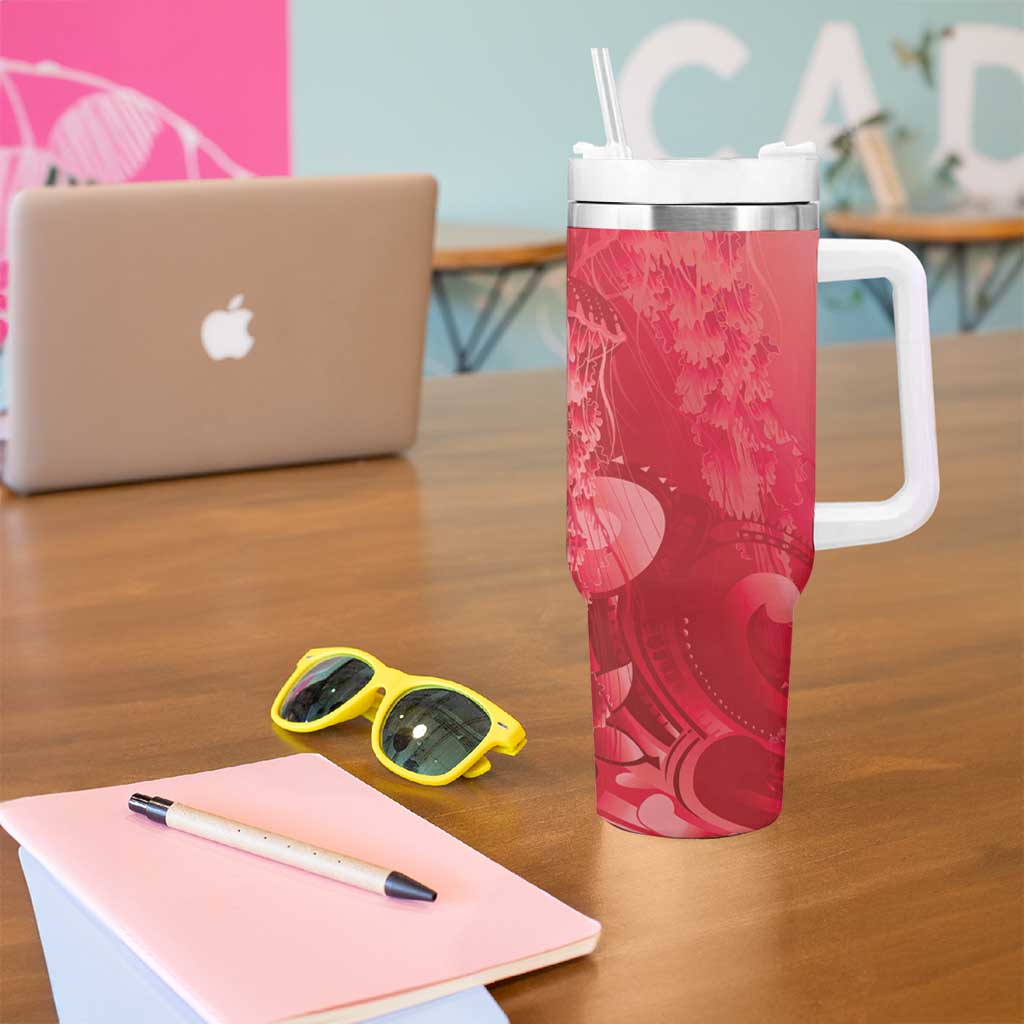 Red Gradient Polynesia Jellyfish Tumbler With Handle Plumeria Polynesian Tattoo Glowing Vibes LT14 - Polynesian Pride