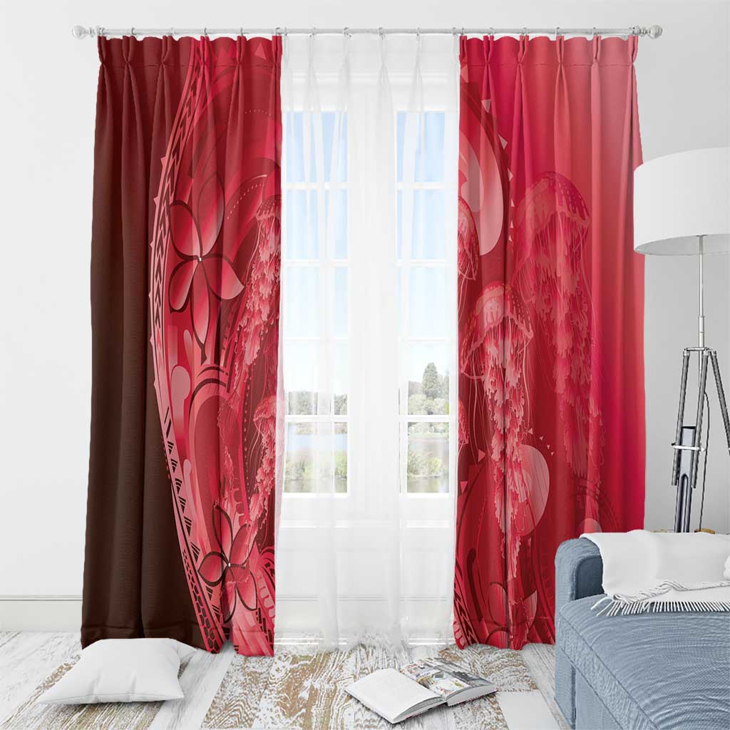Red Gradient Polynesia Jellyfish Window Curtain Plumeria Polynesian Tattoo Glowing Vibes LT14 - Polynesian Pride