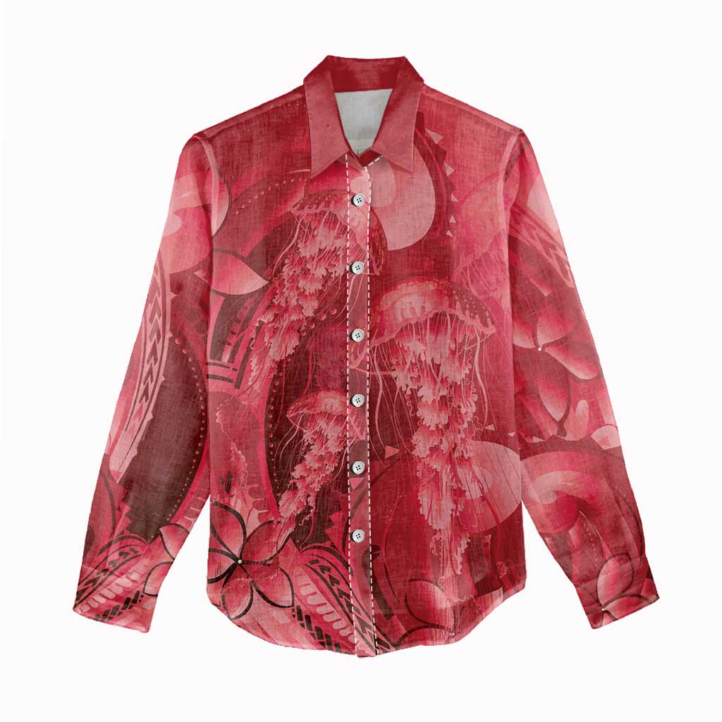 Red Gradient Polynesia Jellyfish Women Casual Shirt Plumeria Polynesian Tattoo Glowing Vibes LT14 - Polynesian Pride