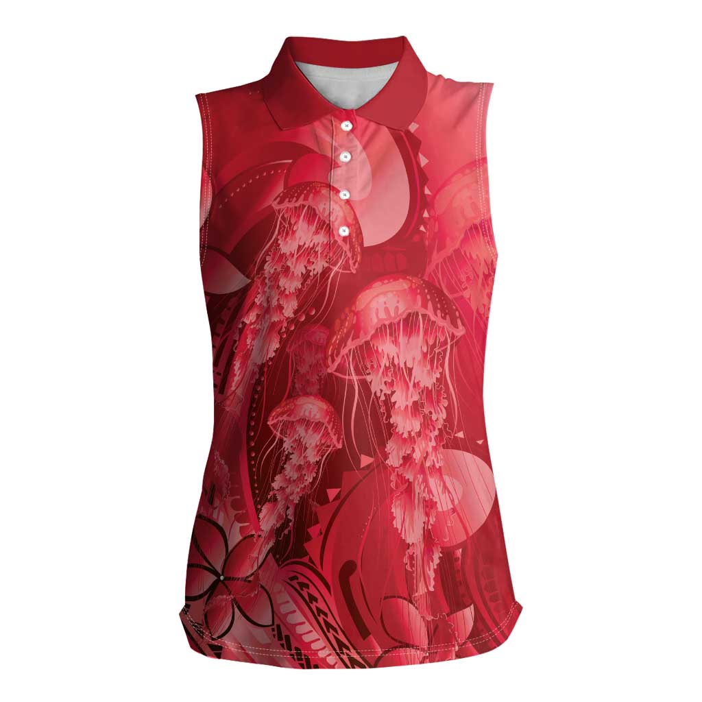 Red Gradient Polynesia Jellyfish Women Sleeveless Polo Shirt Plumeria Polynesian Tattoo Glowing Vibes LT14 Female Red - Polynesian Pride