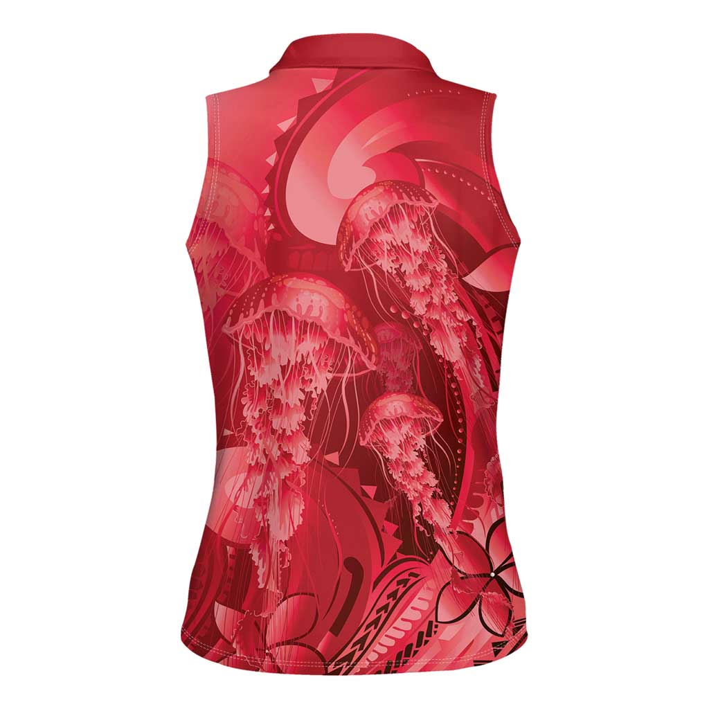 Red Gradient Polynesia Jellyfish Women Sleeveless Polo Shirt Plumeria Polynesian Tattoo Glowing Vibes LT14 - Polynesian Pride