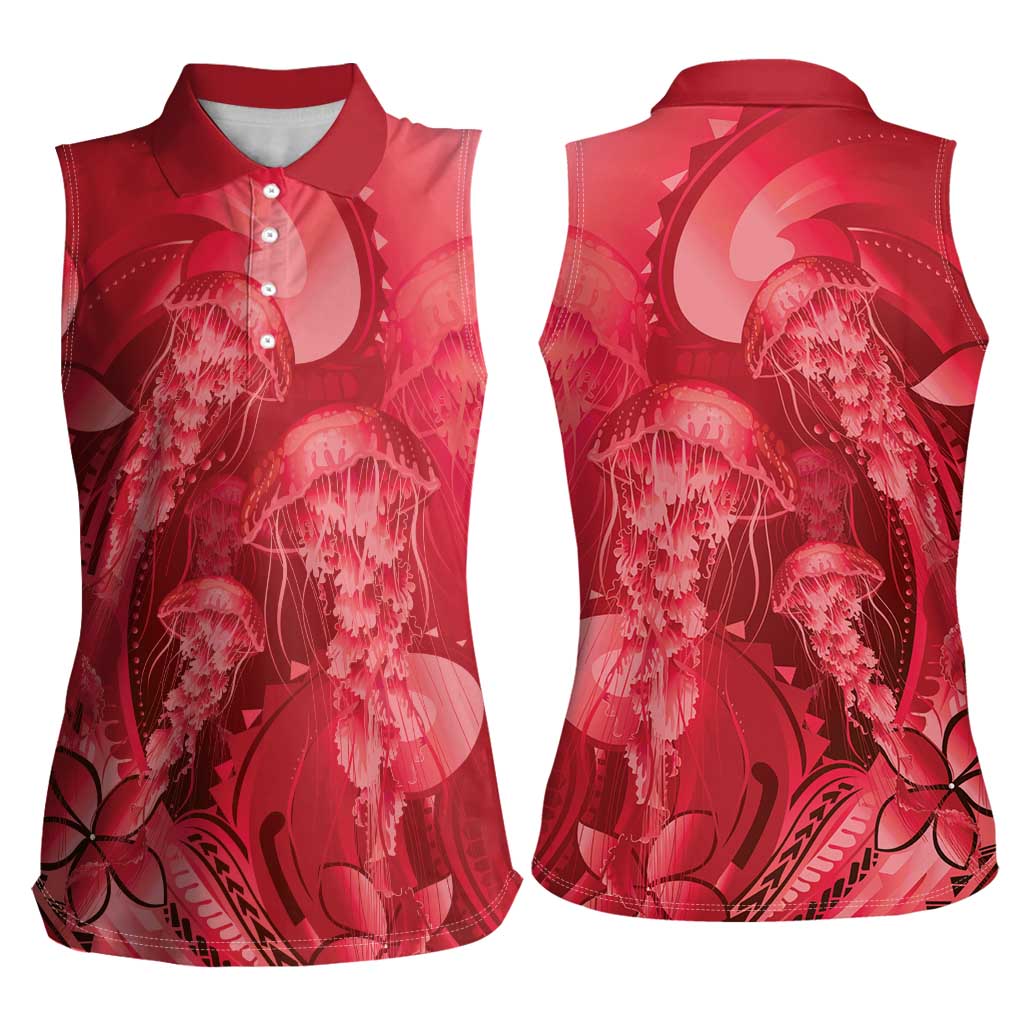 Red Gradient Polynesia Jellyfish Women Sleeveless Polo Shirt Plumeria Polynesian Tattoo Glowing Vibes LT14 - Polynesian Pride