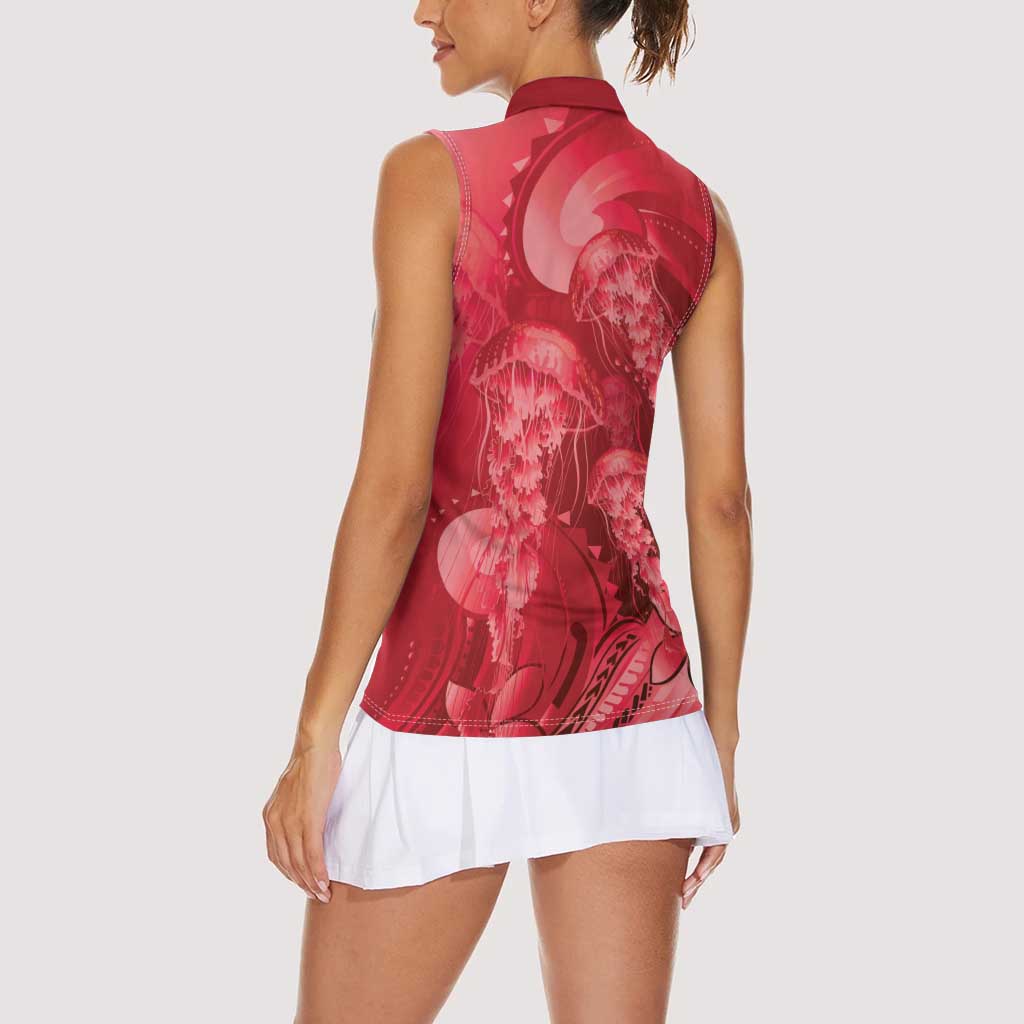 Red Gradient Polynesia Jellyfish Women Sleeveless Polo Shirt Plumeria Polynesian Tattoo Glowing Vibes LT14 - Polynesian Pride