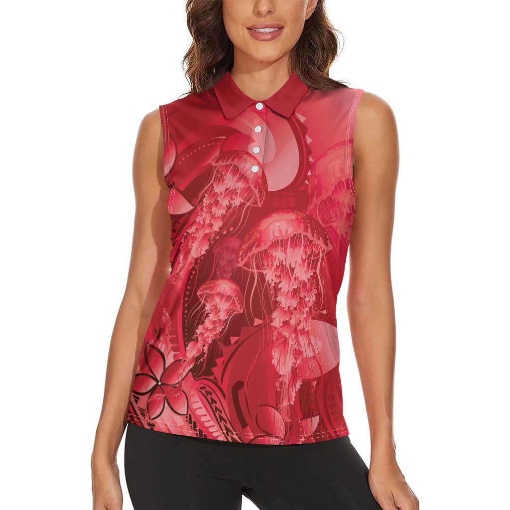 Red Gradient Polynesia Jellyfish Women Sleeveless Polo Shirt Plumeria Polynesian Tattoo Glowing Vibes LT14 - Polynesian Pride