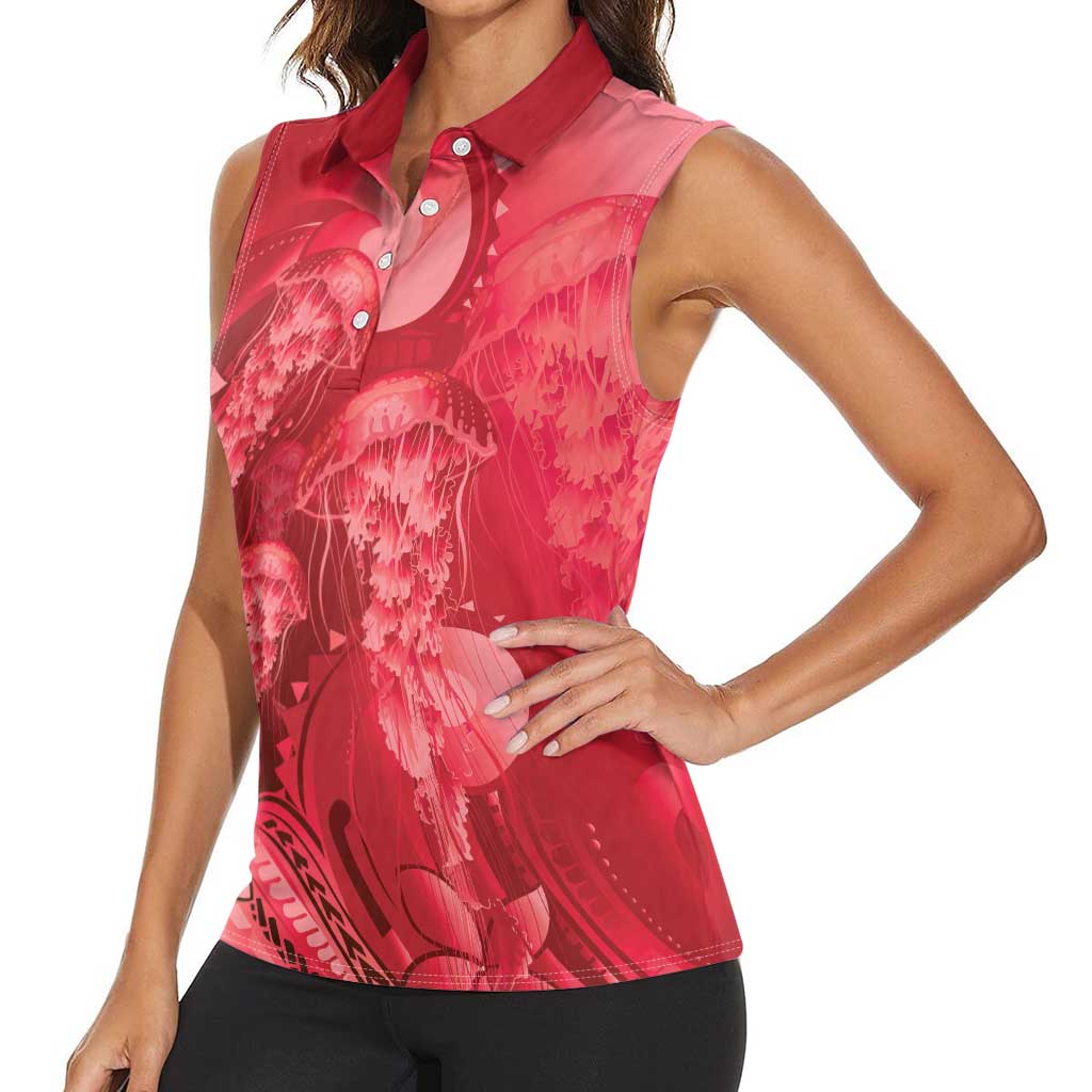 Red Gradient Polynesia Jellyfish Women Sleeveless Polo Shirt Plumeria Polynesian Tattoo Glowing Vibes LT14 - Polynesian Pride