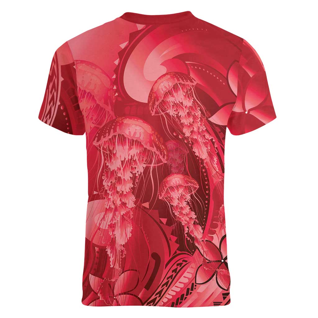 Red Gradient Polynesia Jellyfish Women V-Neck T-Shirt Plumeria Polynesian Tattoo Glowing Vibes LT14 - Polynesian Pride