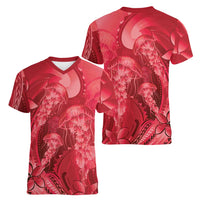 Red Gradient Polynesia Jellyfish Women V-Neck T-Shirt Plumeria Polynesian Tattoo Glowing Vibes LT14 - Polynesian Pride