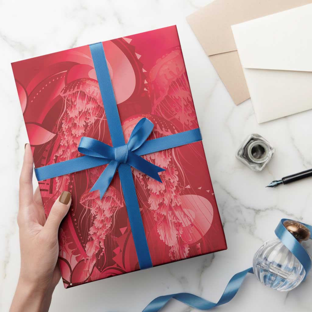 Red Gradient Polynesia Jellyfish Wrapping Paper Plumeria Polynesian Tattoo Glowing Vibes LT14 - Polynesian Pride