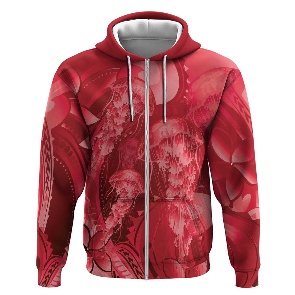 Red Gradient Polynesia Jellyfish Zip Hoodie Plumeria Polynesian Tattoo Glowing Vibes LT14 Zip Hoodie Red - Polynesian Pride