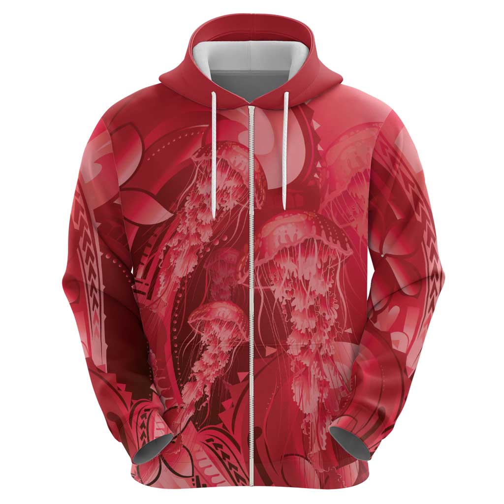 Red Gradient Polynesia Jellyfish Zip Hoodie Plumeria Polynesian Tattoo Glowing Vibes LT14 - Polynesian Pride