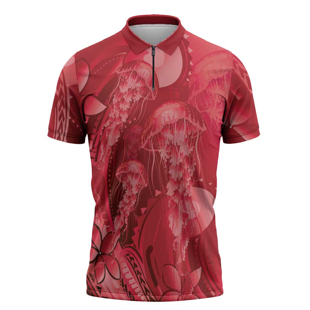 Red Gradient Polynesia Jellyfish Zipper Polo Shirt Plumeria Polynesian Tattoo Glowing Vibes LT14 Red - Polynesian Pride