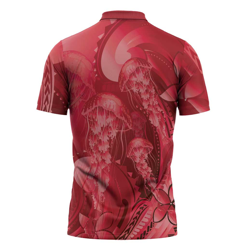 Red Gradient Polynesia Jellyfish Zipper Polo Shirt Plumeria Polynesian Tattoo Glowing Vibes LT14 - Polynesian Pride