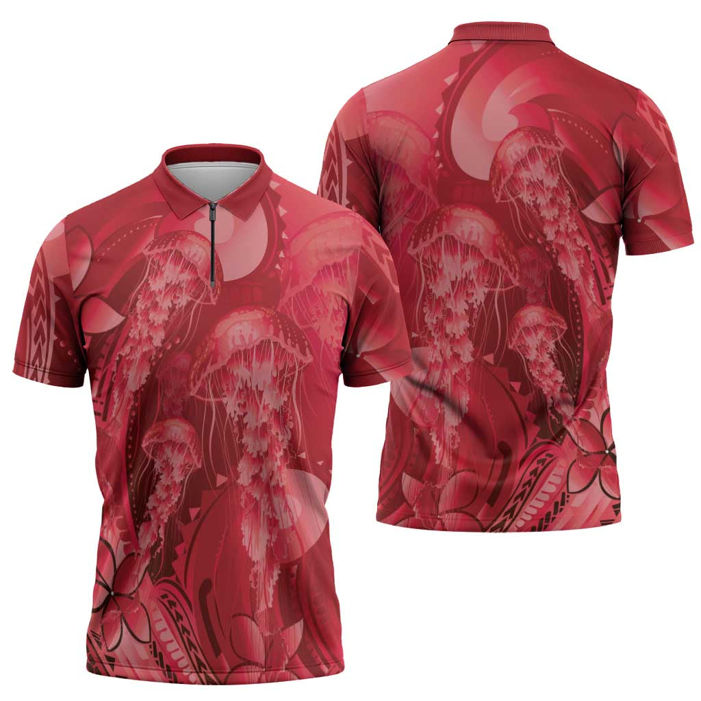 Red Gradient Polynesia Jellyfish Zipper Polo Shirt Plumeria Polynesian Tattoo Glowing Vibes LT14 - Polynesian Pride