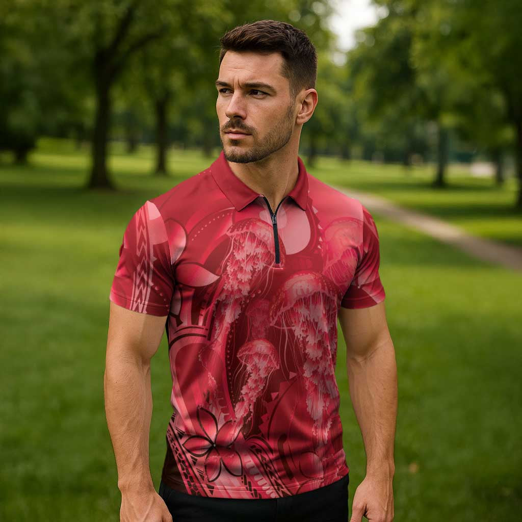 Red Gradient Polynesia Jellyfish Zipper Polo Shirt Plumeria Polynesian Tattoo Glowing Vibes LT14 - Polynesian Pride