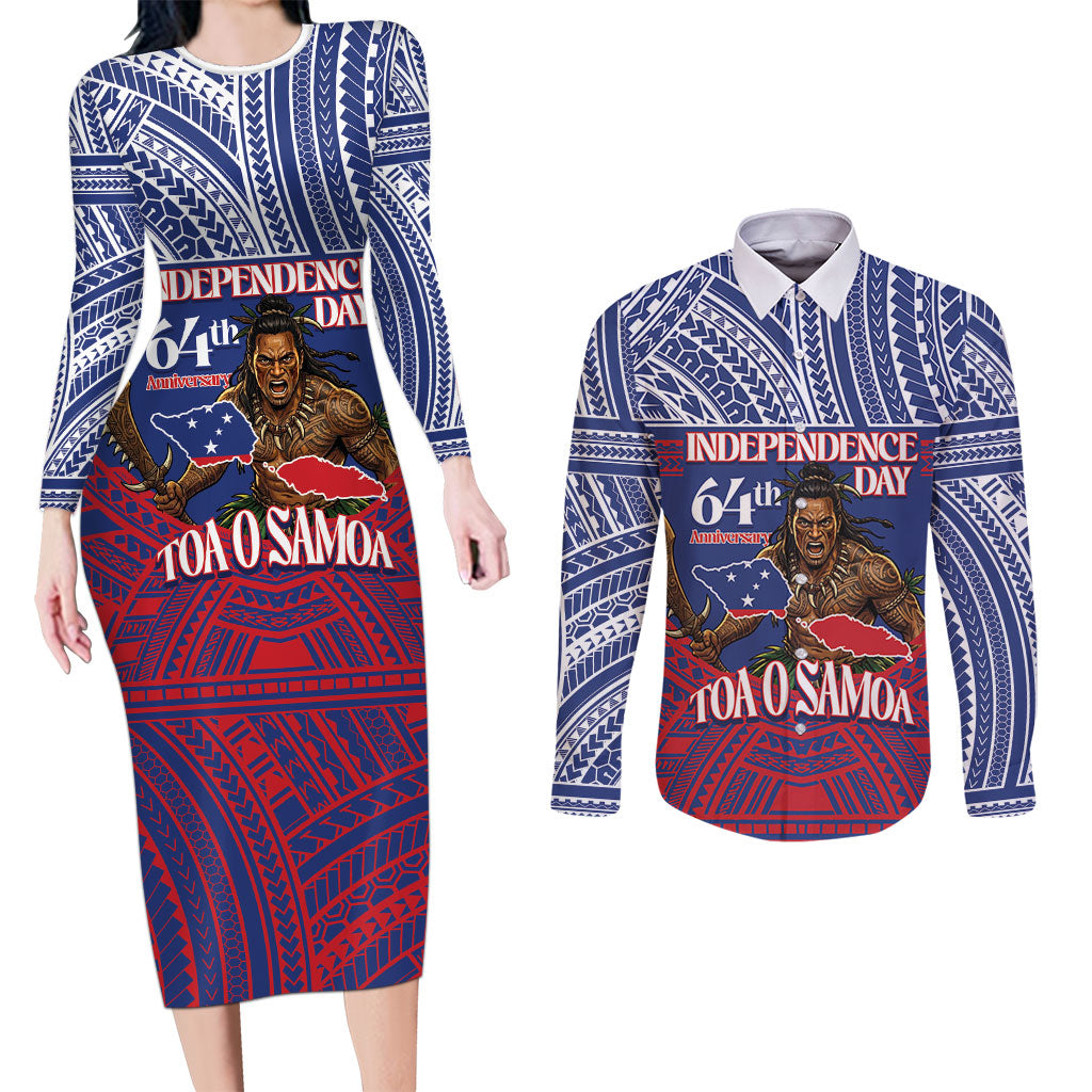 Personalised Samoa Independence Day Couples Matching Long Sleeve Bodycon Dress and Long Sleeve Button Shirt 64th Anniversary Toa O Samoa LT14 Blue - Polynesian Pride