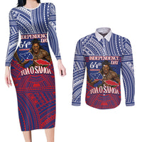 Personalised Samoa Independence Day Couples Matching Long Sleeve Bodycon Dress and Long Sleeve Button Shirt 64th Anniversary Toa O Samoa LT14 Blue - Polynesian Pride