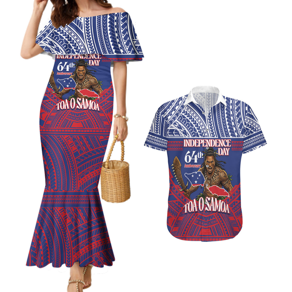 Personalised Samoa Independence Day Couples Matching Mermaid Dress and Hawaiian Shirt 64th Anniversary Toa O Samoa LT14 Blue - Polynesian Pride